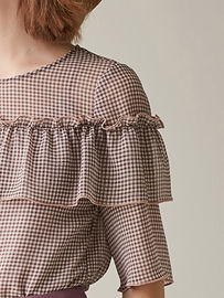Ladies Short Sleeve Plaid Blouse With Ruffle