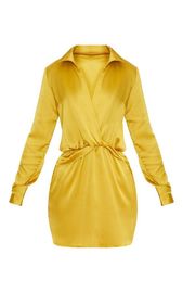 Women Long Sleeve Dark Lime Twist Front Silky Shirt Dress With Deep V Neck