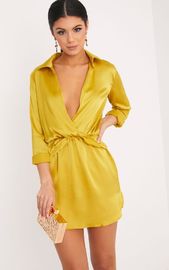 Women Long Sleeve Dark Lime Twist Front Silky Shirt Dress With Deep V Neck
