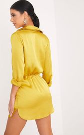 Women Long Sleeve Dark Lime Twist Front Silky Shirt Dress With Deep V Neck