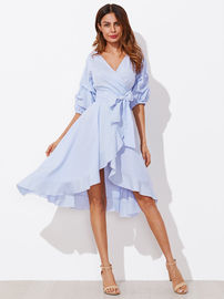 Asymmetrical Gathered Sleeve Surplice Wrap Pinstripe Dress For Women