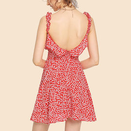2018 fashion summer ruffle floral red mini backless dress for women