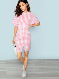 Fall Apparel For Women Rolled Up Sleeve Wide Waistband Plaid Dress