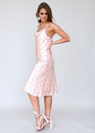 Women cowl neck polka dot peach color midi dress with adjustable straps