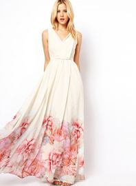 Elegant V Neck Sleeveless Floral Printed Maxi Bohemian Woman Dress