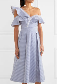 summer dresses off-the-shoulder ruffle-neckline striped midi dress