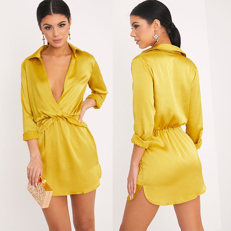 Women Long Sleeve Dark Lime Twist Front Silky Shirt Dress With Deep V Neck