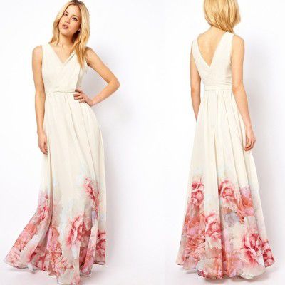 Elegant V Neck Sleeveless Floral Printed Maxi Bohemian Woman Dress